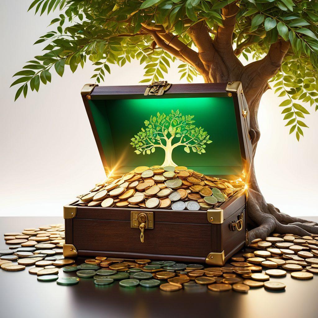 An inviting, open treasure chest filled with coins and glowing mutual fund icons spilling out, set against a backdrop of a lush, flourishing tree symbolizing growth. Include a compass and a roadmap intertwining with financial graphs to represent strategic investing. The scene should radiate prosperity and clarity, creating an engaging atmosphere of wealth potential. super-realistic. vibrant colors. white background.