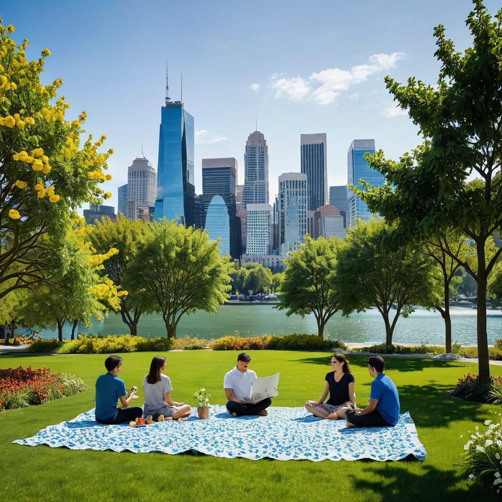 A serene landscape featuring a diverse group of people engaged in various asset management activities, like budgeting, enjoying retirement leisure, and discussing investments. Highlight elements like a clear blue sky above a lush park with financial symbols subtly integrated into nature. Include a background with a modern city skyline representing growth and prosperity. Illustrate tax-efficient strategies with a visual metaphor like a tree with flourishing leaves shaped like coins. vibrant colors. super-realistic.