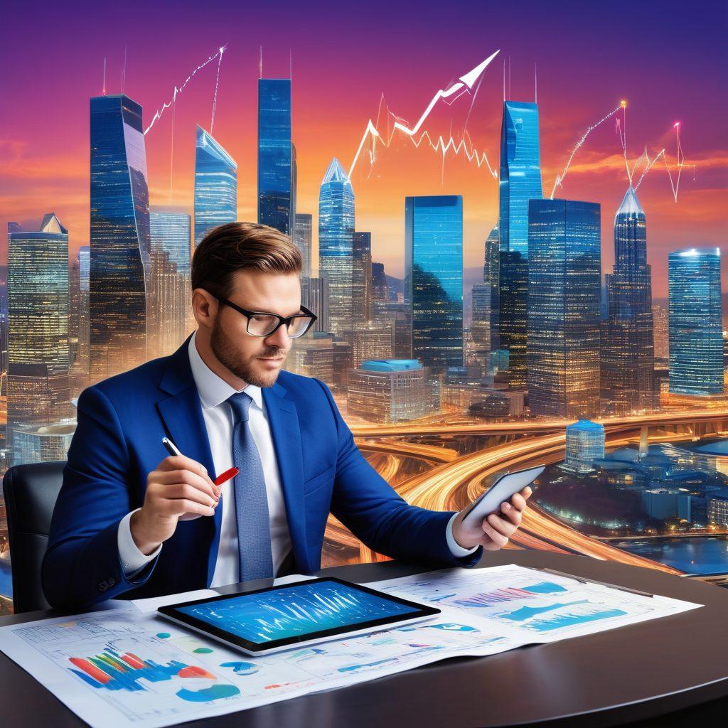A visually striking collage of diverse investment assets, including stocks, bonds, real estate, and commodities, interconnected by vibrant arrows symbolizing growth. In the foreground, a confident investor analyzing charts on a digital tablet, representing strategic decision-making. The background features a city skyline to signify financial independence. super-realistic. vibrant colors. 3D.